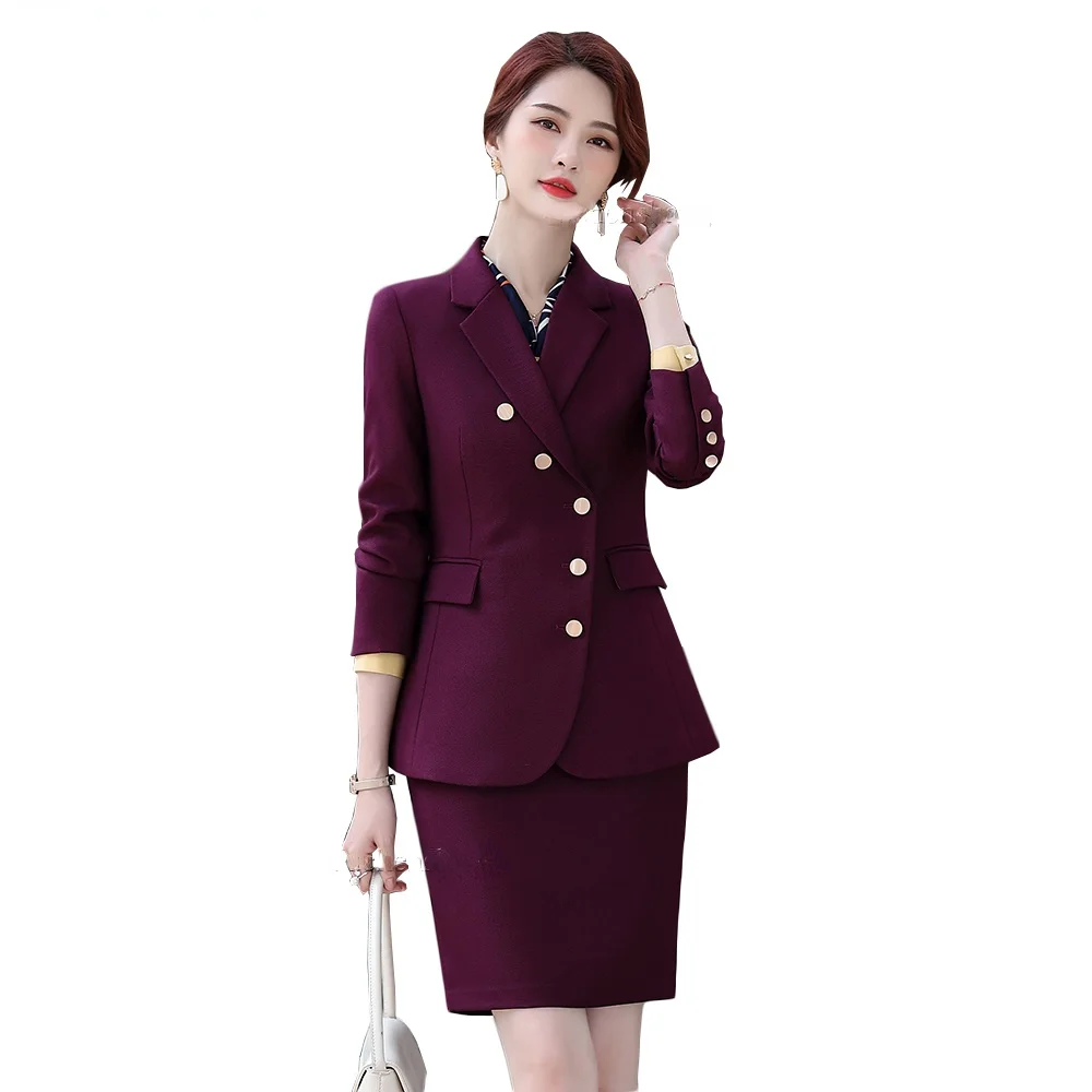 

High Quality Elegant Work Career Blazer and Skirt Suit Women S-5XL Two Piece Set Office Ladies Formal Button Decoration Clothes