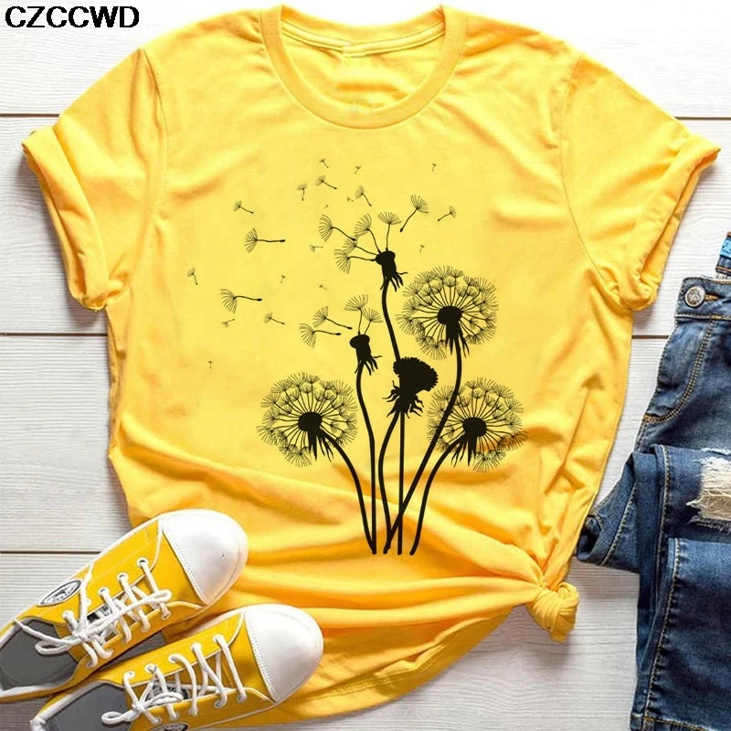 Женская футболка с принтом диких цветов Повседневная желтая букета одуванчиков