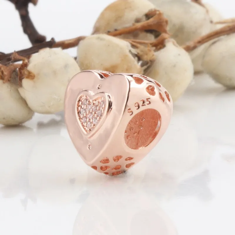 

Original 925 Sterling Silver Bead Rose Gold Heart Shaped Hollow Beads Fit Pandora Women Bracelet & Necklace Diy Jewelry