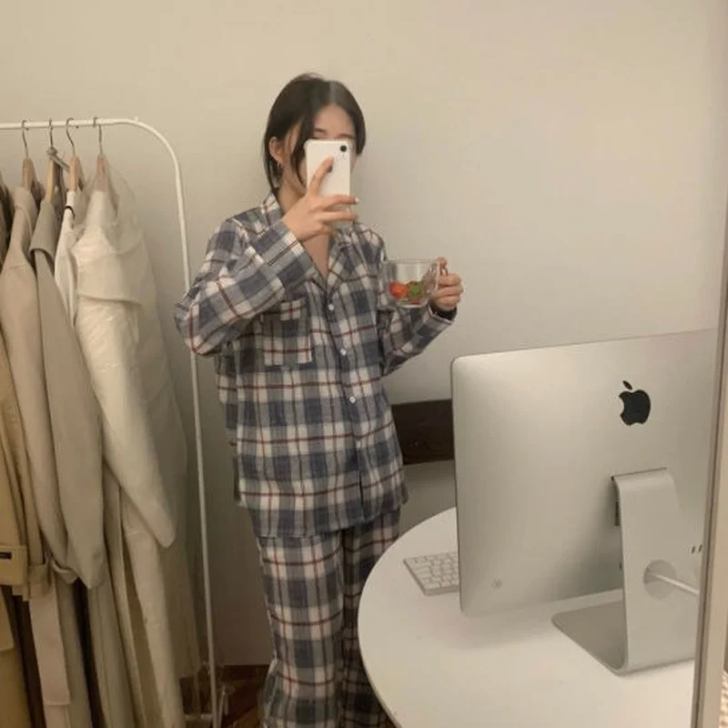 QWEEK Plaid Women's Pajamas Korean Style Sleepwear Set Woman 2 Pieces Winter Long Sleeve Top with Pants Suits Pijama Pyjamas