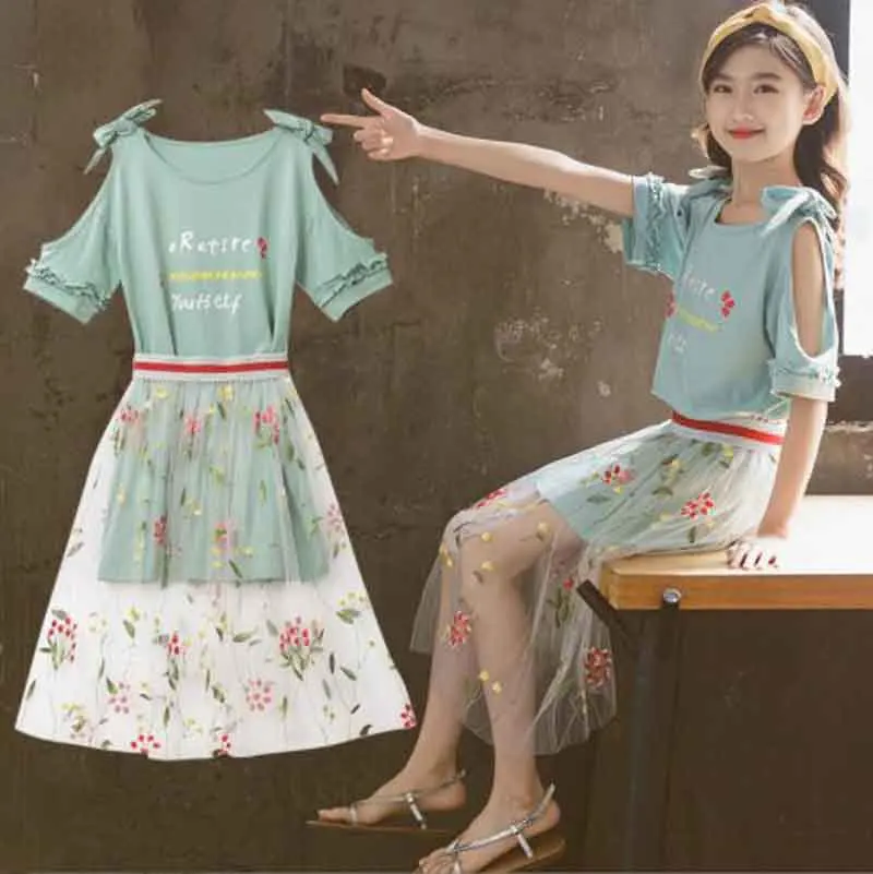 

Girls Summer Newest Cute Sweet Bow T-Shirt+Flowers Embroidery Mesh Dress Sets Clothing Big Children Kids Fashion Casual Suit