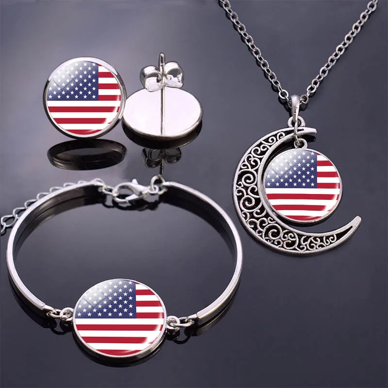 

Bracelet Necklace Earrings Jewelry Set the United States Flag Glass Cabochon Stud Earrings USA Flag Bracelet Necklace for Women