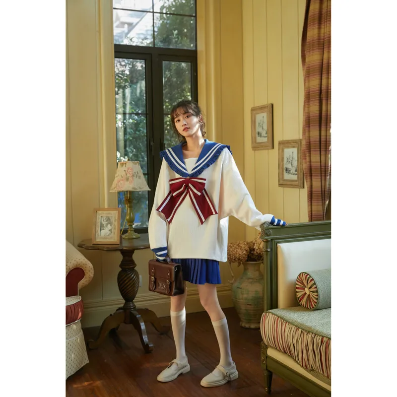 

XUXI Suit, Women, Navy Collar, Plus Velvet, Thick, Shirt, Half-length Skirt, Fashion, Long Sleeves, Spring Autumn 2021 E093