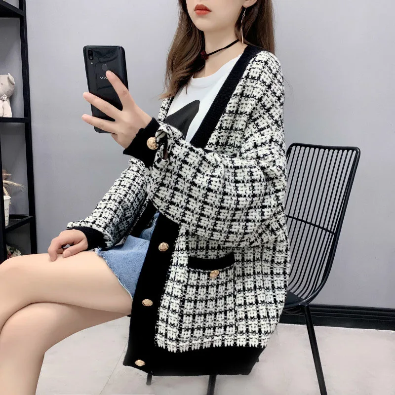 Women Sweater Jacket 2020 Oversized Knitted Cardigans Loose Plaid Jumpers Korean Clothing Robe Long Coat sueter feminino OK492 |