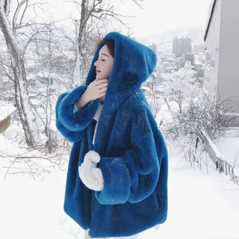 

Winter Oversized Blue Soft Women Jacke Faux fur Coat Female With Hood long Sleeve Zipper Fluffy Jacket Loose Korean 2021 TT57