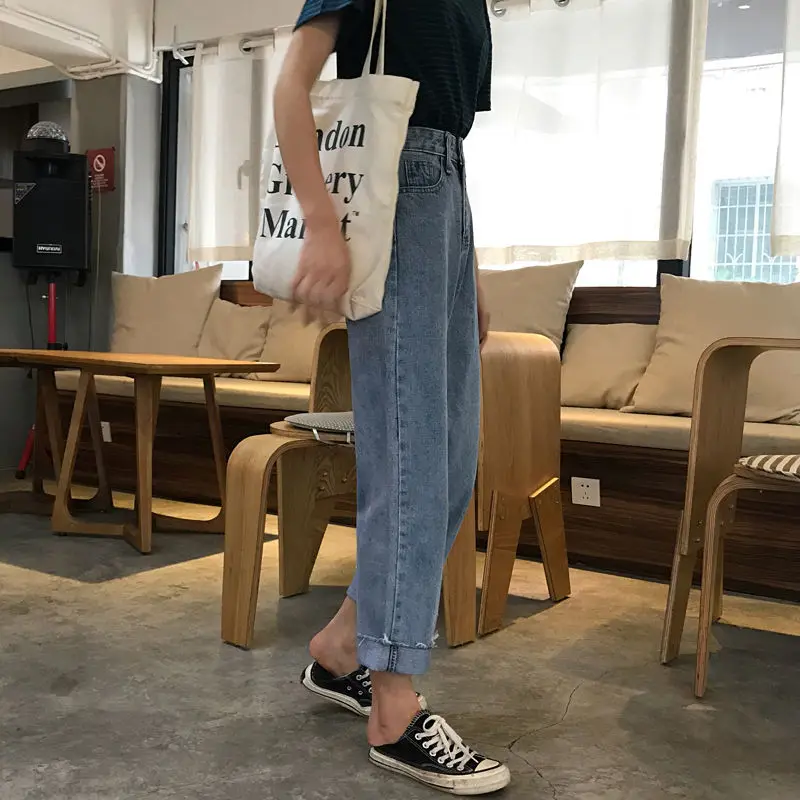 

Spring and Autumn new straight jeans women nine high waist loose 100 lap thin retro hair wide leg pants