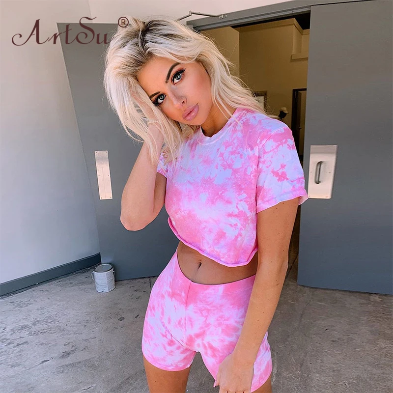 

ArtSu 2020 Fashion Summer Women 2 Piece Set Crop Top T Shirt Biker Shorts Sexy Tie Dye Print Outfits Tracksuit Pink Purple