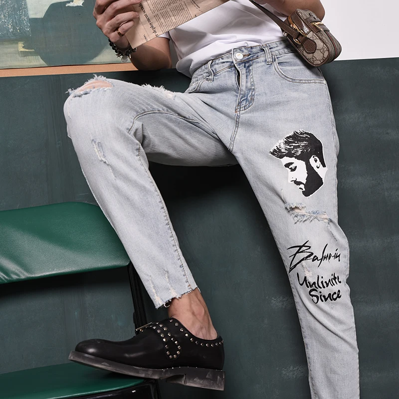 Мужские рваные джинсовые штаны карандаш|Мужские джинсы| |