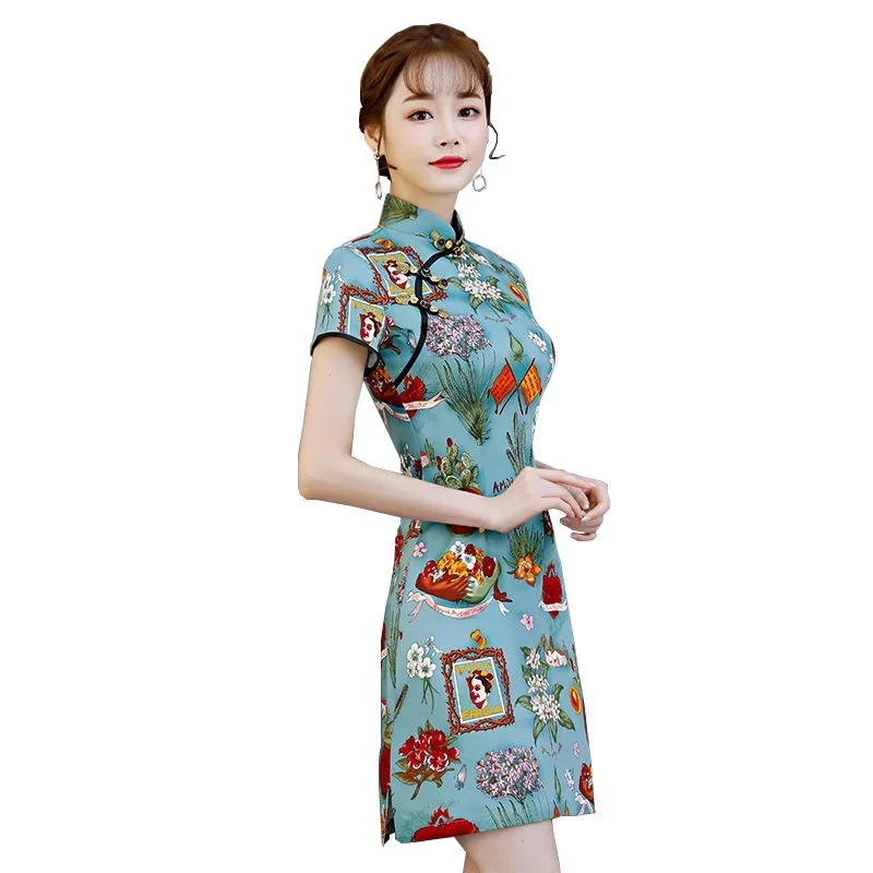 

Daily new cotton and linen fashion girl slim cheongsam printed small fresh improved dress cheongsam chinese traditional dress