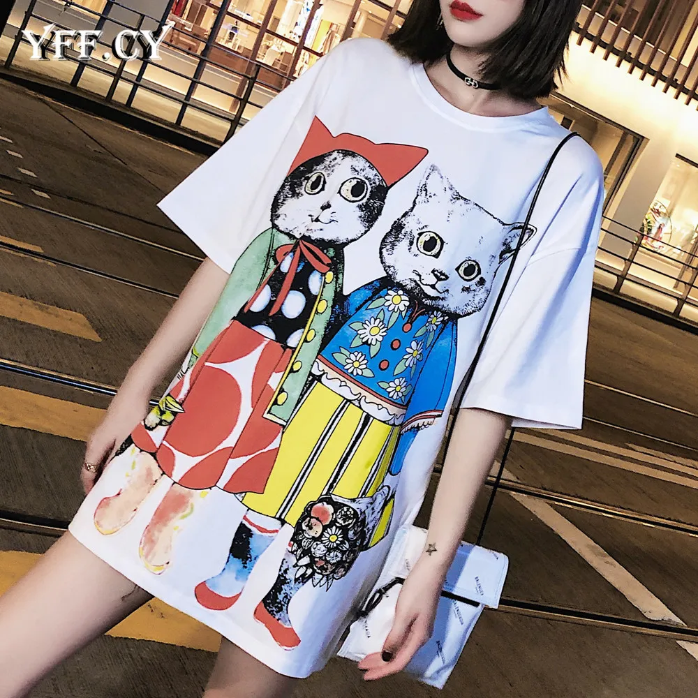 

Summer Women T-Shirt O Neck Short Sleeves Sweet Cartoon Cat lovers Printed Loose Tshirt Casual Large Size T-Shirt Tops