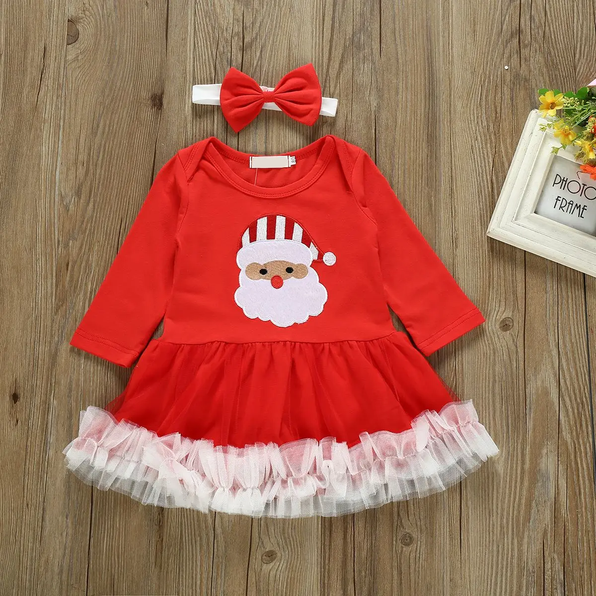 

Christmas Outfit Dress Toddler Girl Long Sleeve Round Neck Dress White ruffled Outfit Santa Claus Dress + bowknot Headband 0-24M