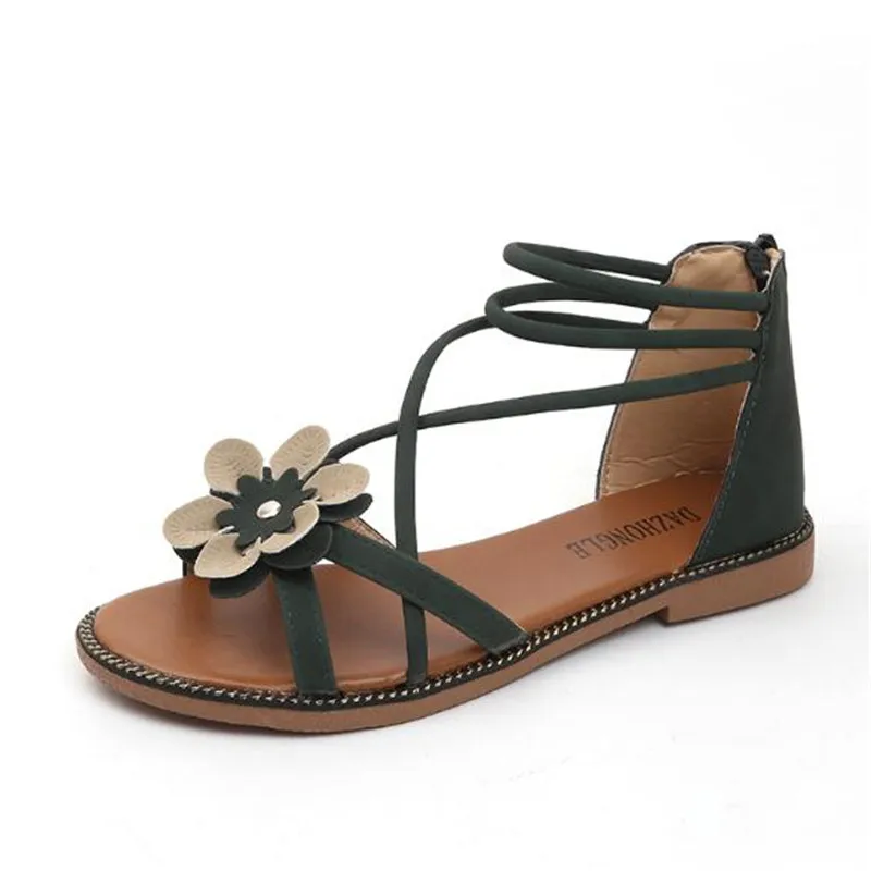 

Summer Shoes Woman Sandals Casual Open Toe Back Zipper Ankle strap Flowers Beach Gladiator Low chunky Strappy Sandalias