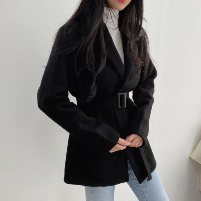 JMPRS Элегантные зимние женские шерстяные пальто Корейская мода туника с поясом