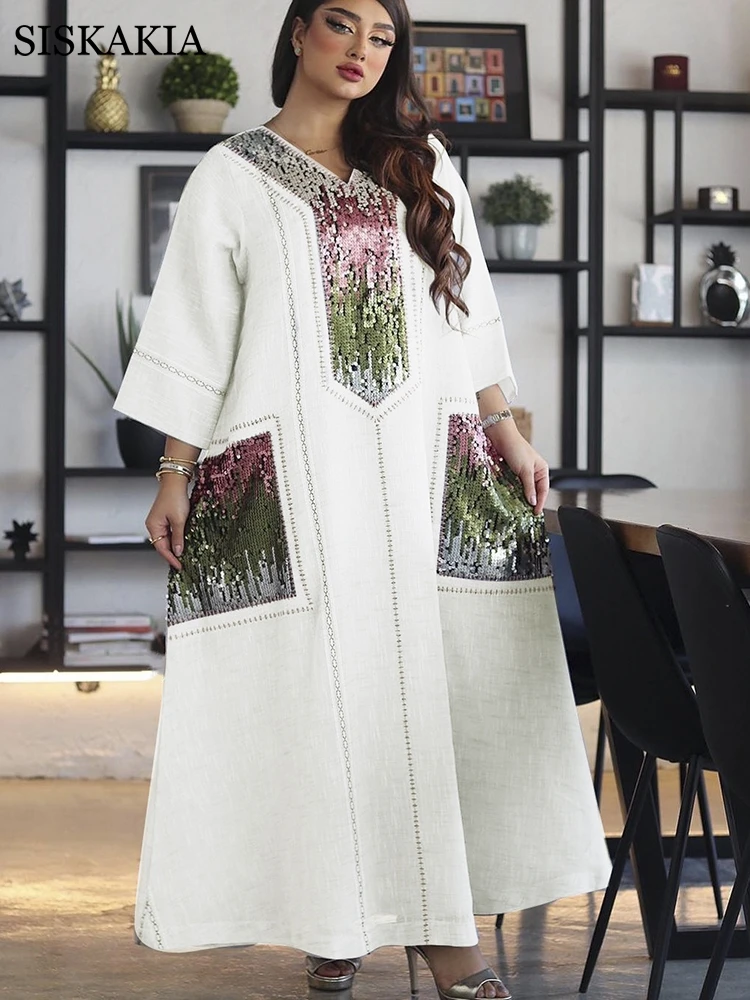 

Siskakia Sequins Embroidery Abaya Dress For Women Ramadan Eid 2021 Muslim Arabic Oman Turkey Dubai Moroccan Jalabiya White Grey