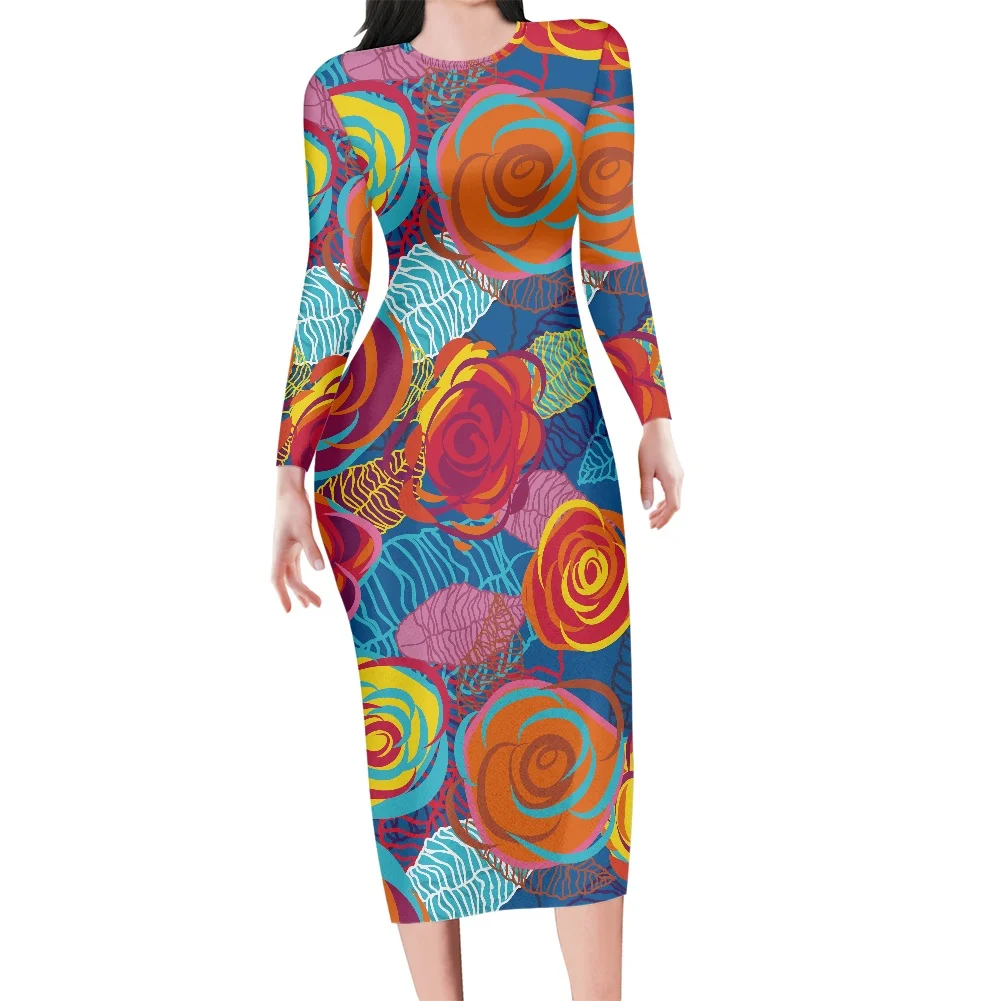 

Stylish Bodycon Pencil Dress For Women Streetwear Colorful Cottagecore Rose Floral Pattern Tattoo Prints Long Sleeve Holiday