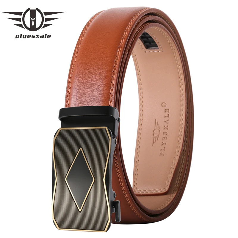 Plyesxale Brown Leather Belt Men 2021 New Classic Automatic Buckle Luxury High Quality Business Men's Belt Cowskin Belts B531