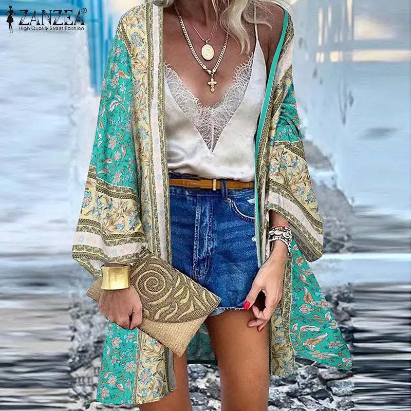 

Стильные богемные свободные кардиганы с открытой передней частью ZANZEA, женское пляжное кимоно с цветочным принтом, Повседневная Свободная б...