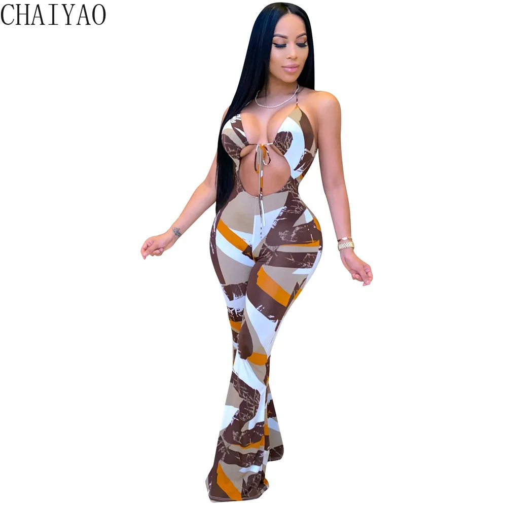 

55LS6359 CHAIYAOSummer модный сексуальный женский летний комбинезон с принтом в новом стиле, с подвесным воротником и ремешком