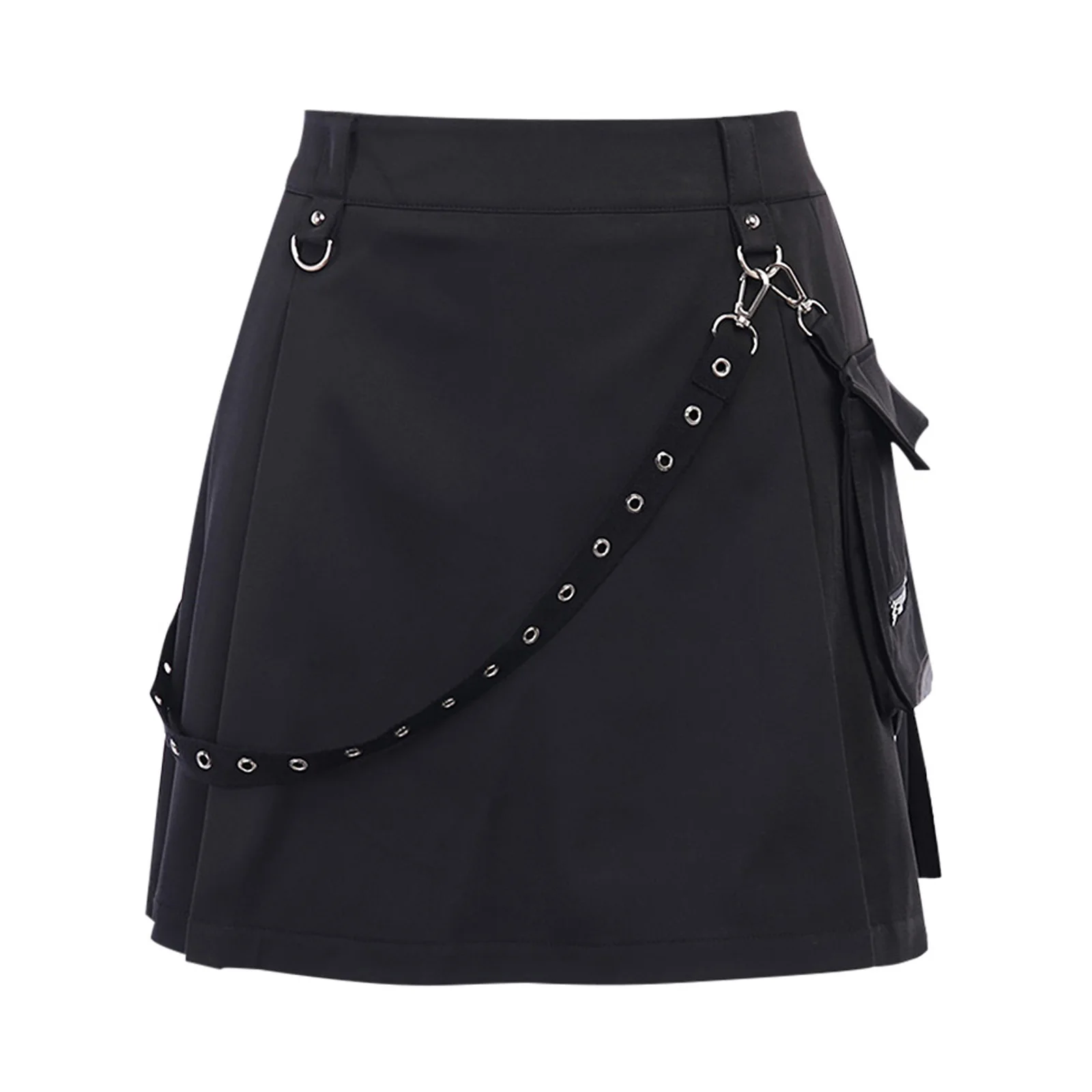 

Women Gothic Punk Style Mini Skirts Cool Girls High Waist Black Pleated Skirt with Belt Pocket Decoration S/M/L