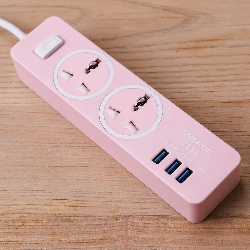 Urbantin 2AC и 3 USB общий переключатель силовой полосы USB розетка умное гнездо для шнура удлинителя Универсальная Розетка с EU AU UK US вилка - Цвет: PINK