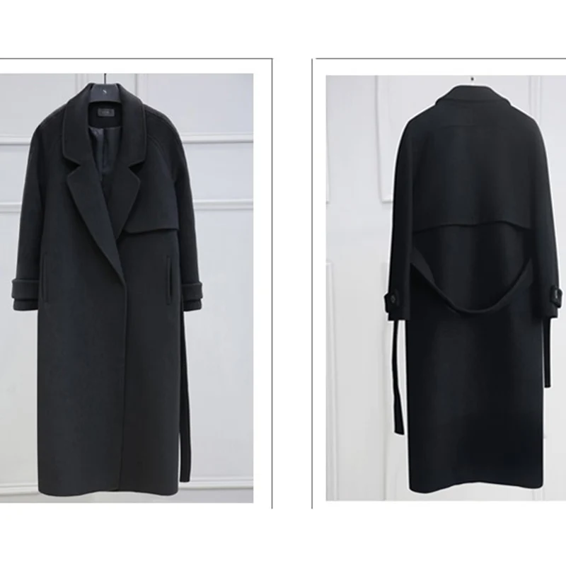 Женское шерстяное Смешанное пальто осенне-зимнее черное длинное кашемировое