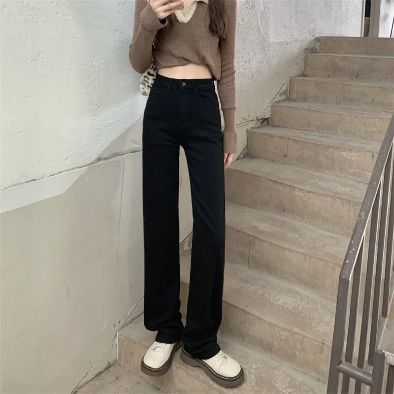 Осенние свободные черные прямые женские джинсовые брюки 2021 корейские облегающие
