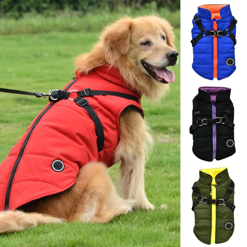 

Winter Pet Jacket with Chest Strip Harness Waterproof Warm Cold Weather Apparel Outfit Windproof Outdoor Walking Supplies