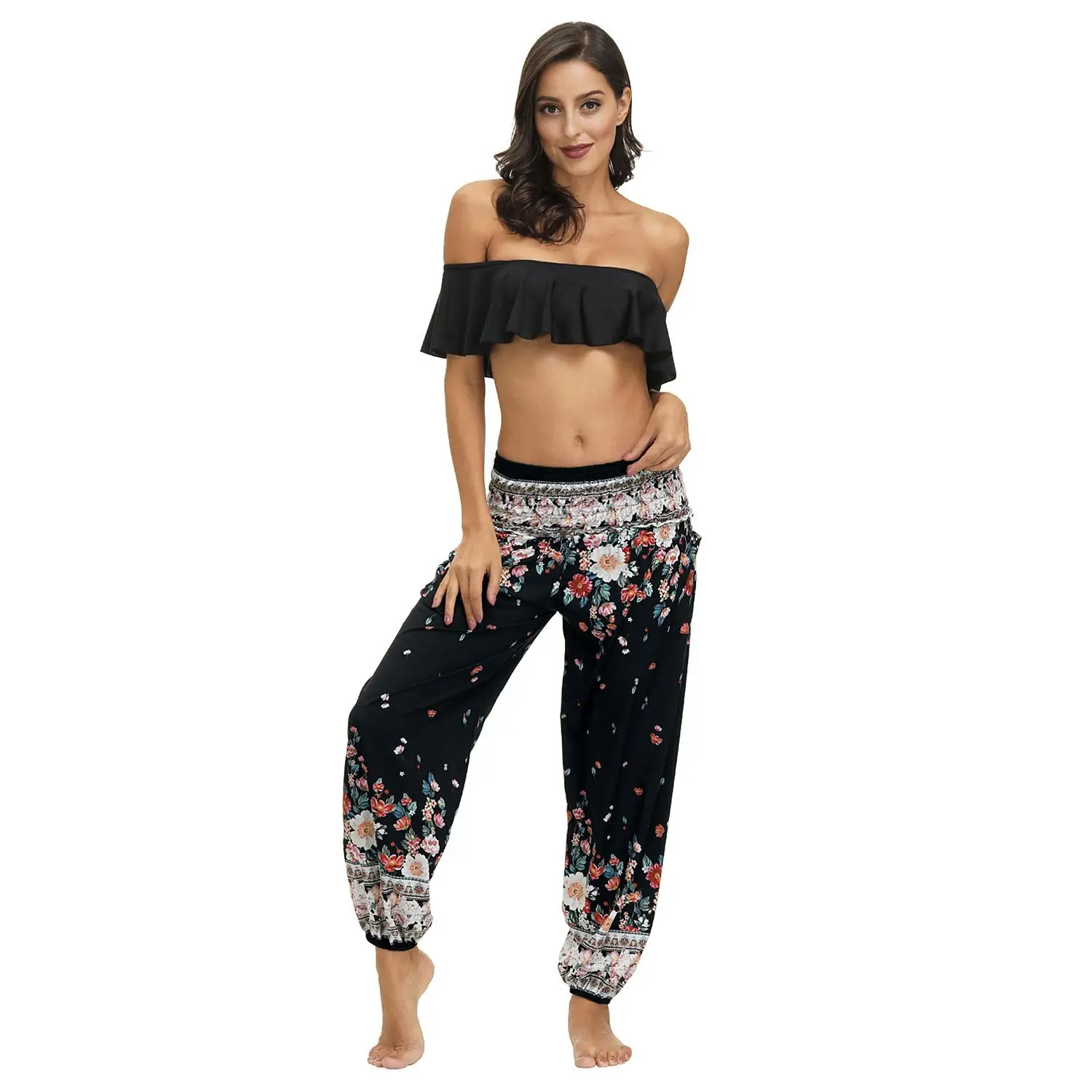 

Women Baggy Thai Trousers Summer Printed Elastic Waist Plus Size Harem Pants Womens Trackpants Autumn Straight Pockets Bloomers