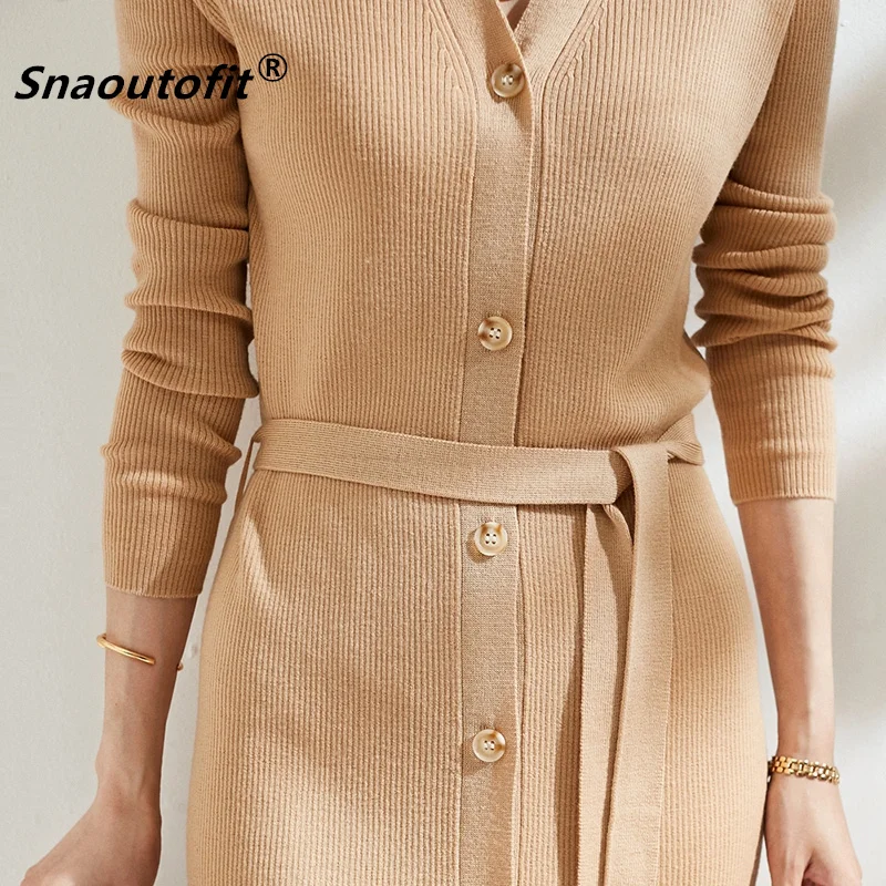 Snaoutofit Mid-Length Ladies100 Pure Wool Cardigan Dress Spring And Autumn Lace-Up Waist Knee-High V-Neck Knitted Sweater Overco