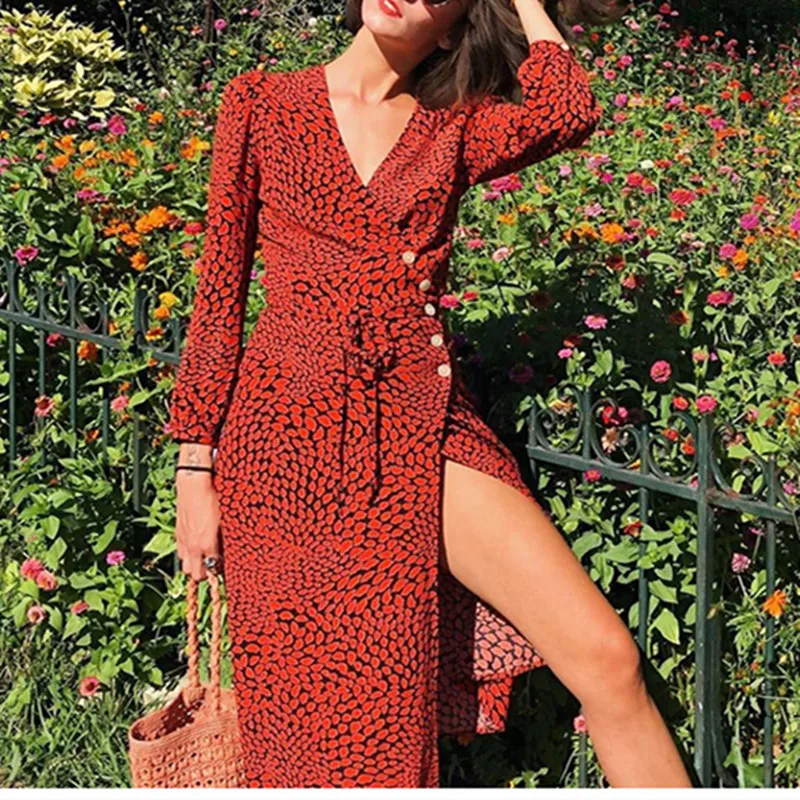 Женское платье миди из вискозы с V образным вырезом|Женские платья| |