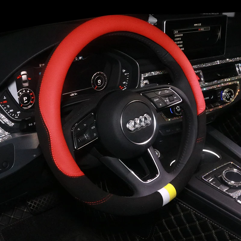 

Genuine Leather Car Steering Wheel Cover for Audi A1 A6 A4 A3 A5 A7 A6 A8 Q3 Q5 Q7 Interior Accessories Sport Yellow Red 38cm