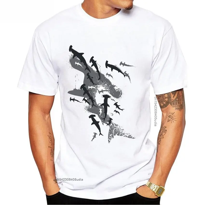Vintage Art Hammerhead Sharks Print T-Shirt Funny Boy Casual Tops Hipster Tees Summer Fashion Men T-Shirt White Short Sleeve