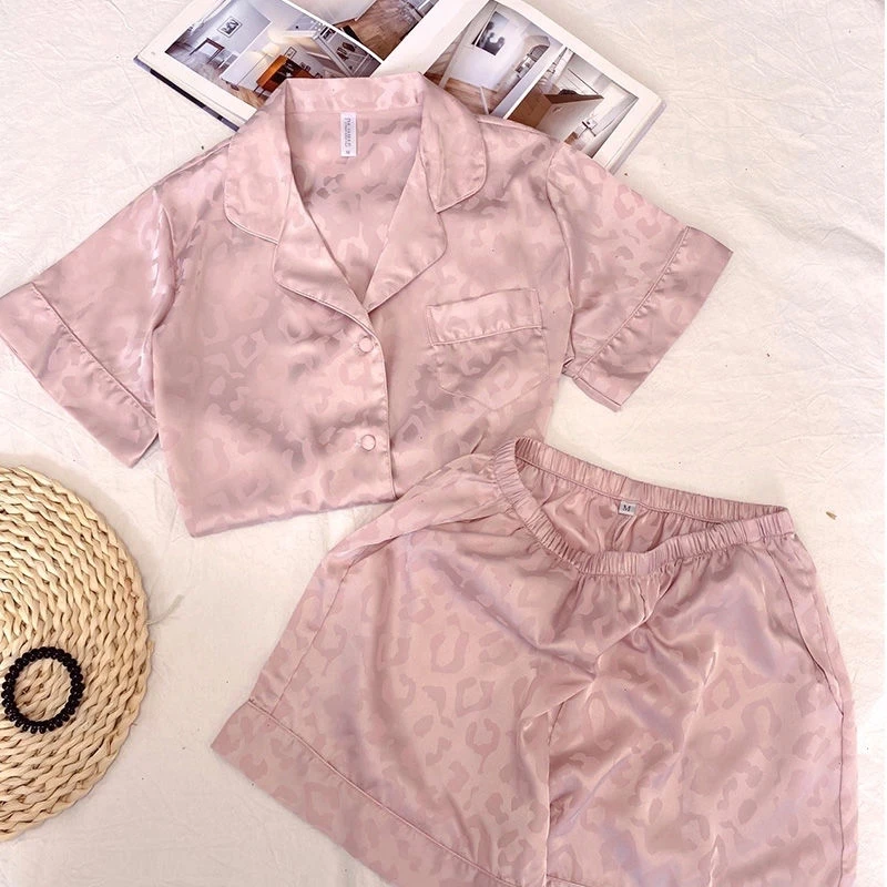 

Pink Leopard Silk Pyjama Pour Femme Home Suit Summer Pajamas With Shorts Sleep Tops + Pants Pijama Loungewear 2 Piece Set Women