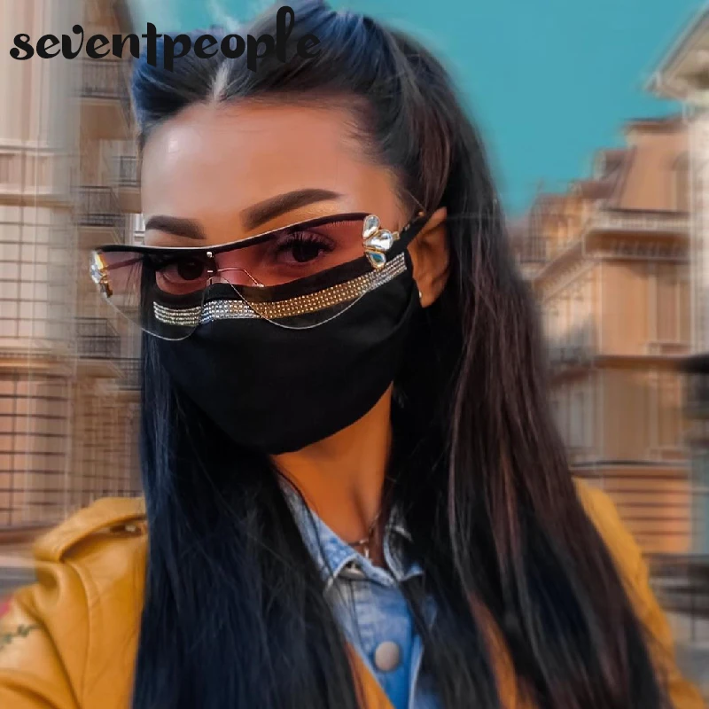 

Rhinestone Rimless Sunglasses Women 2021 Luxury Brand Fashion Irregular Diamond Sun Glasses For Female Frameless Oval Eyewear