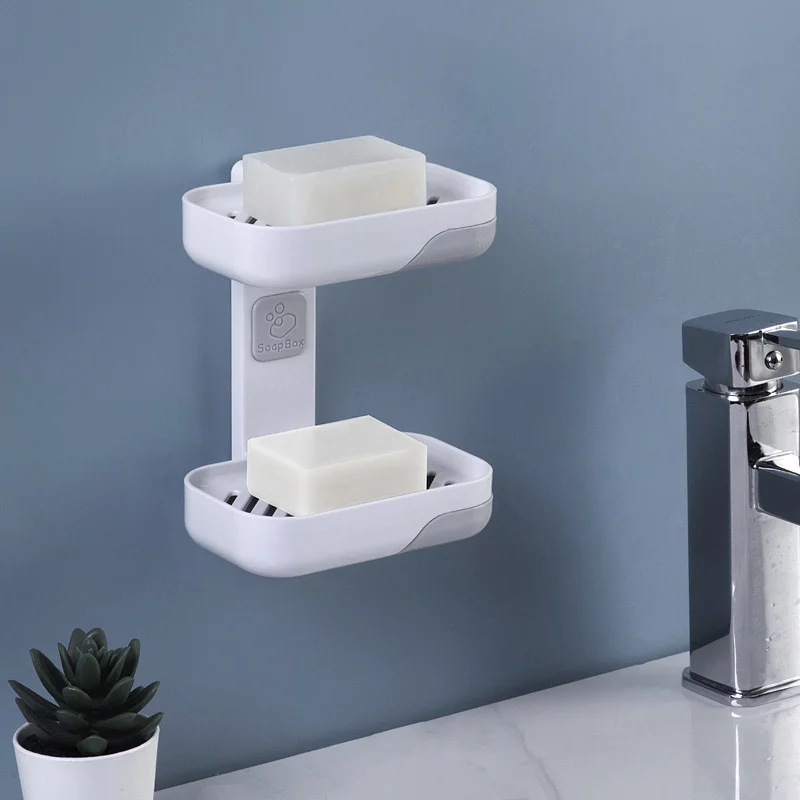 

Wall Mounted Shelf Draining Soap Dish Punch-Free Double Layer Soap Tray Holder Kitchen Bathroom Soap Box Organizer Rack Shelves