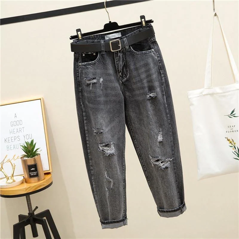 

Vintage Women Fashion Clothes Elastic Boyfriend Female Loose Denim Pants Ripped Mom Distressed Jeans Feminino Korean Streetwear