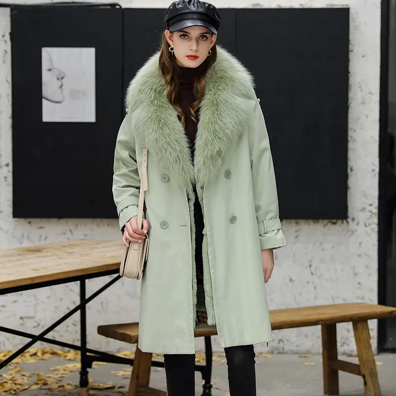 Fashion Winter Women Real Fur Coat Rex Rabbit Fur Liner Fox Hair Turn-down Collar Detachable Warm Mid-Length Parkas Office Lady