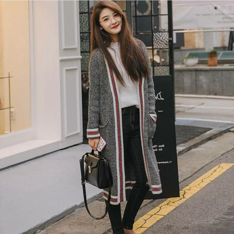 Зимний женский длинный вязаный свитер в клетку куртка Осенний кардиганы Женский