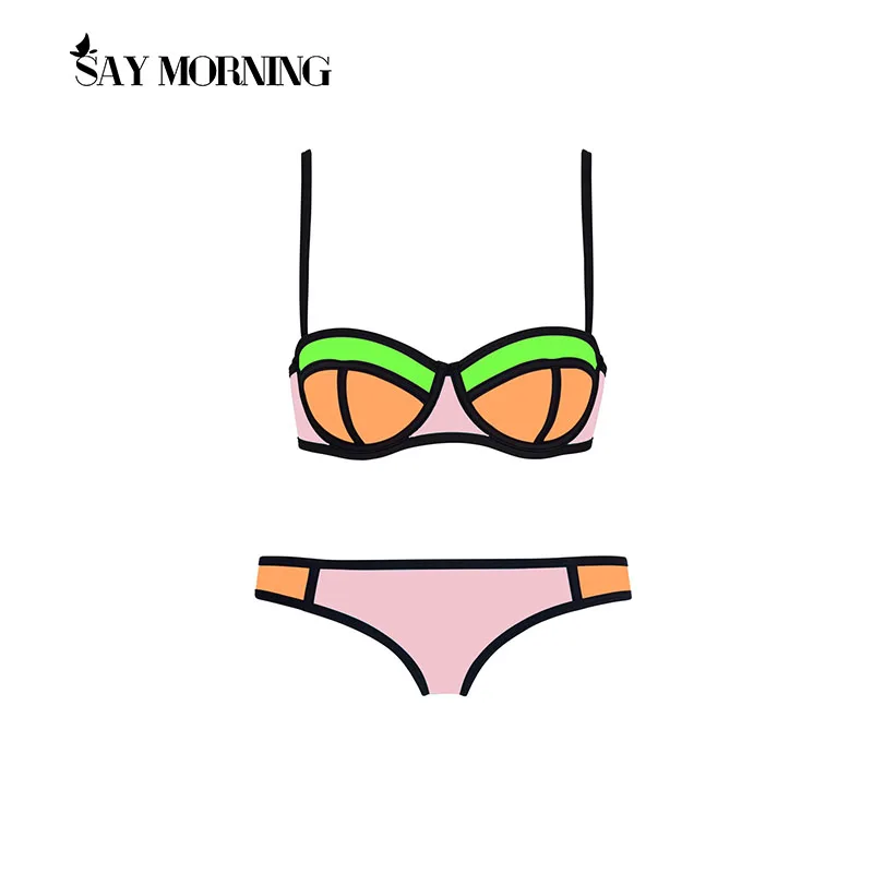

SAY MORNING 2021 Sexy Women Bikini Push Up Color Matching Bikini Set Neon Color Swimwear Underwire Swimsuit Biquini