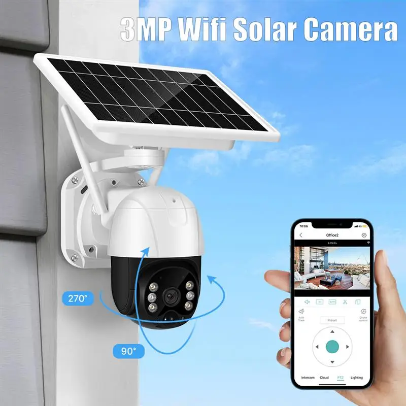 

3MP Wifi Солнечная камера с 30 м цветным ночным видением PIR Обнаружение человека Беспроводная PTZ камера для дома и улицы