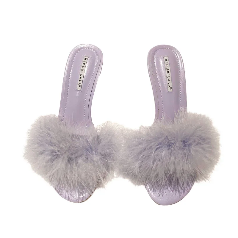 Меховая обувь Женские шлепанцы Роскошные на каблуке Шлепанцы желейные Летние
