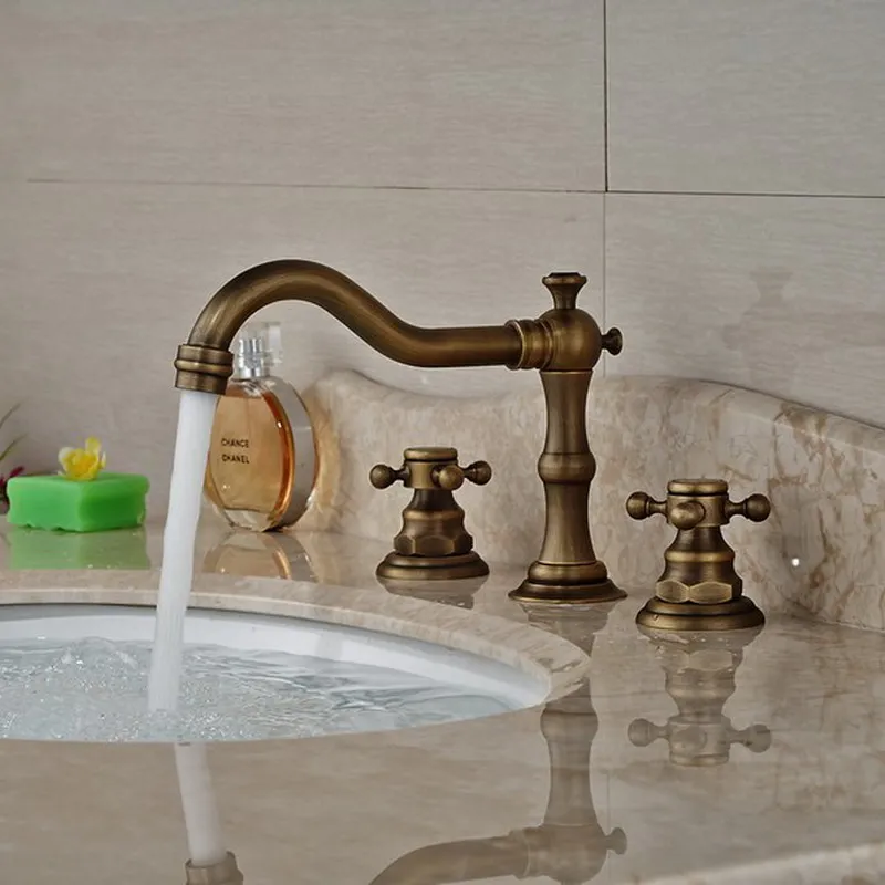Античный латунный Смеситель для раковины с двумя поперечными ручками 3