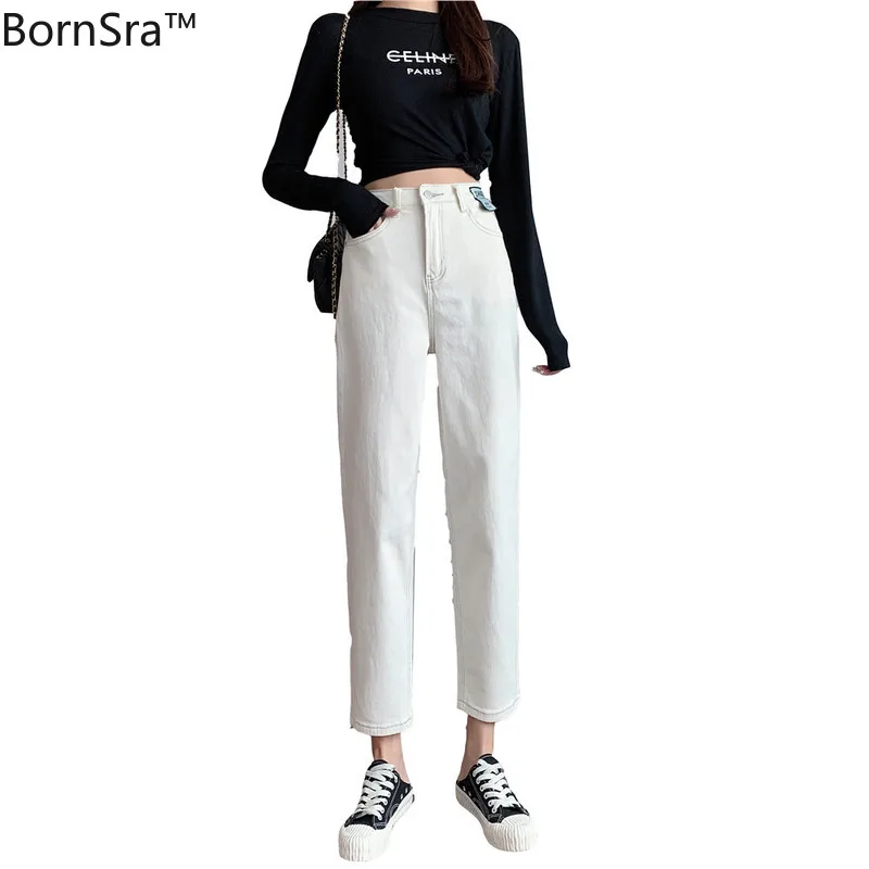 

Bornsra 2020 Autumn Winter Harem Woman Pants Cotton Button Fly Patchwork Womens White Jeans Jeans Streetwear Women