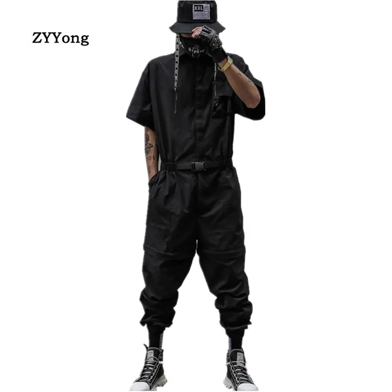 Summer Fashion Jumpsuit Men Overalls Rompers Short Sleeve Casual Punk Cargo Pants Cool Removable Knee Joggers Black Trousers