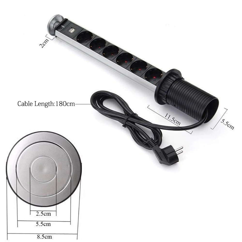 3/4/5/6 Power EU Plug Electrical Socket With 2 USB Ports Recessed Strip Outlets Aluminium Alloy Shelf Station |