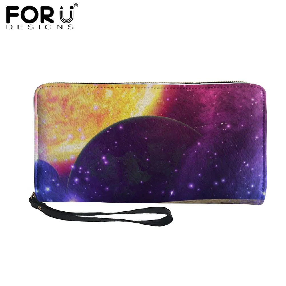 

FORUDESIGNS, Дамский кожаный кошелек с ремешком на запястье, Женский кошелек с фантастическим космическим узором, роскошный женский длинный коше...