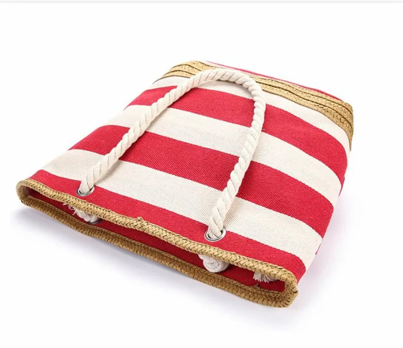 2023 Patchwork Beach Bag High Quality Striped Straw Bags Women Summer Canvas Handbag Larger Holiday Travel Palm Basket