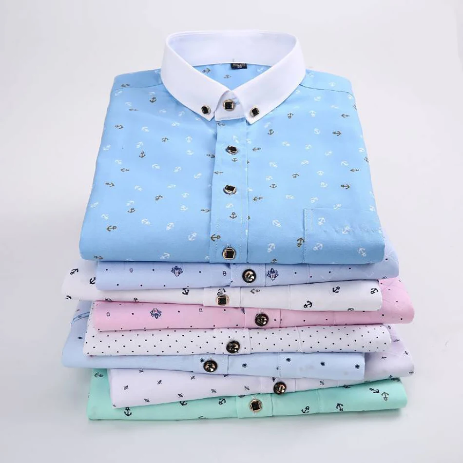 

Men's Social Shirt 2021 Autumn Fashion Business Dress Branded Men's Clothing Anchor Pattern Printed Vintage Long Sleeve Shirt