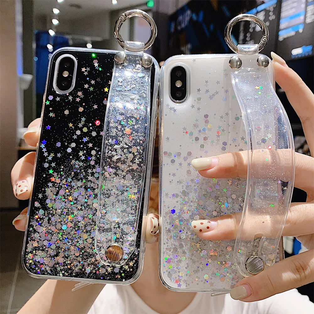 Блестящий блестящий чехол для телефона с ремешком на запястье iPhone XR XS Max Мягкий
