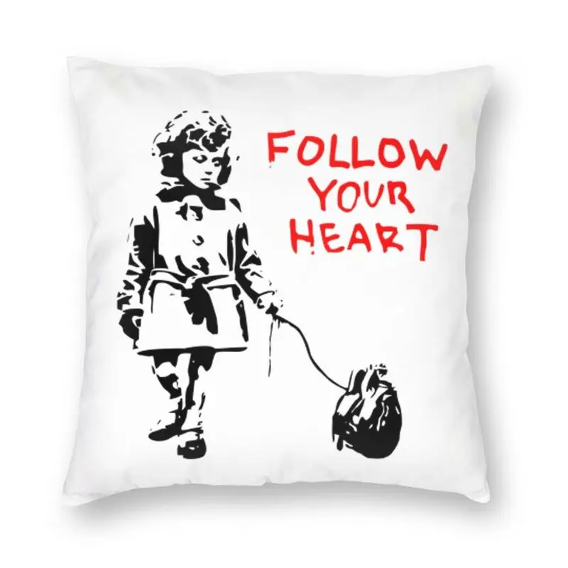 

Custom Banksy Follow Your Heart Square Throw Pillow Case Decoration 3D Two Side Print Street Pop Art Cushion Cover for Sofa